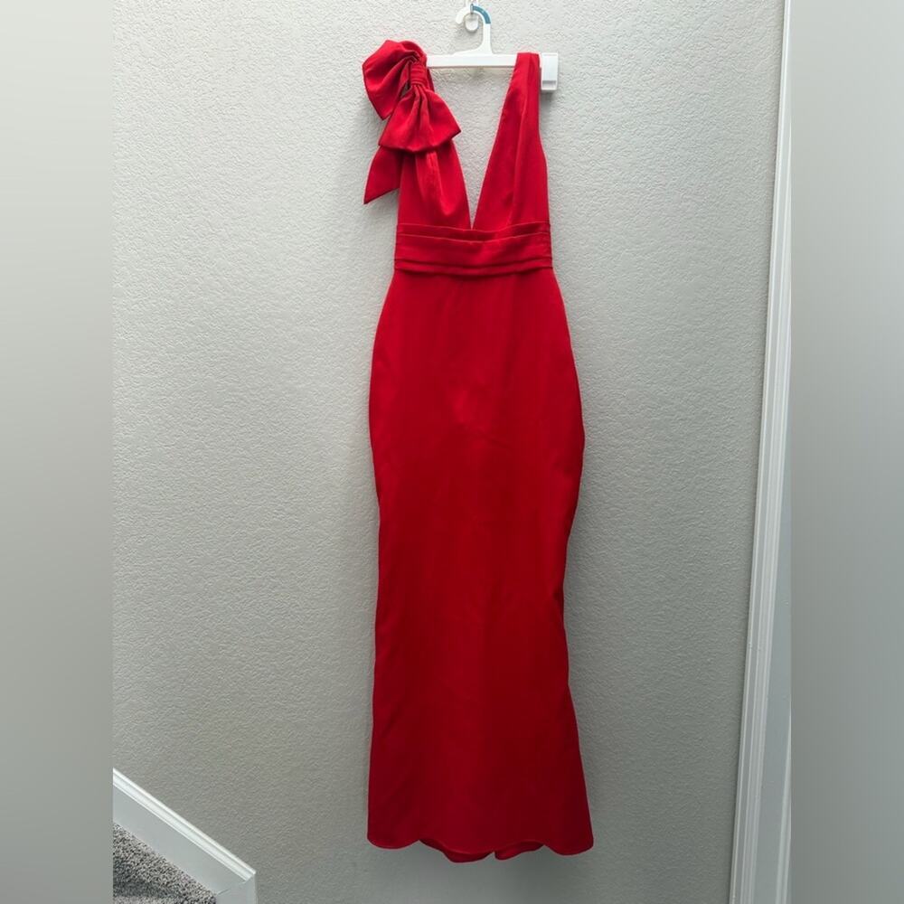 Mac Duggal Red Bow V Neck A Line Gown Size 0 Formal Holiday Christmas Dress - Picture 4 of 10